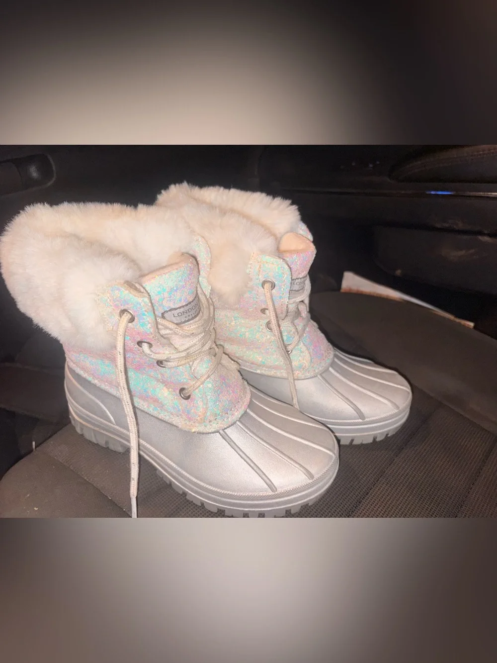 London Fog Iridescent Faux Fur Duck Boots - Cream/Silver